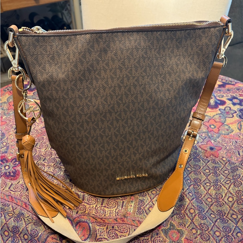 Michael Kors Brown Monogram Shoulder Bucket Bag